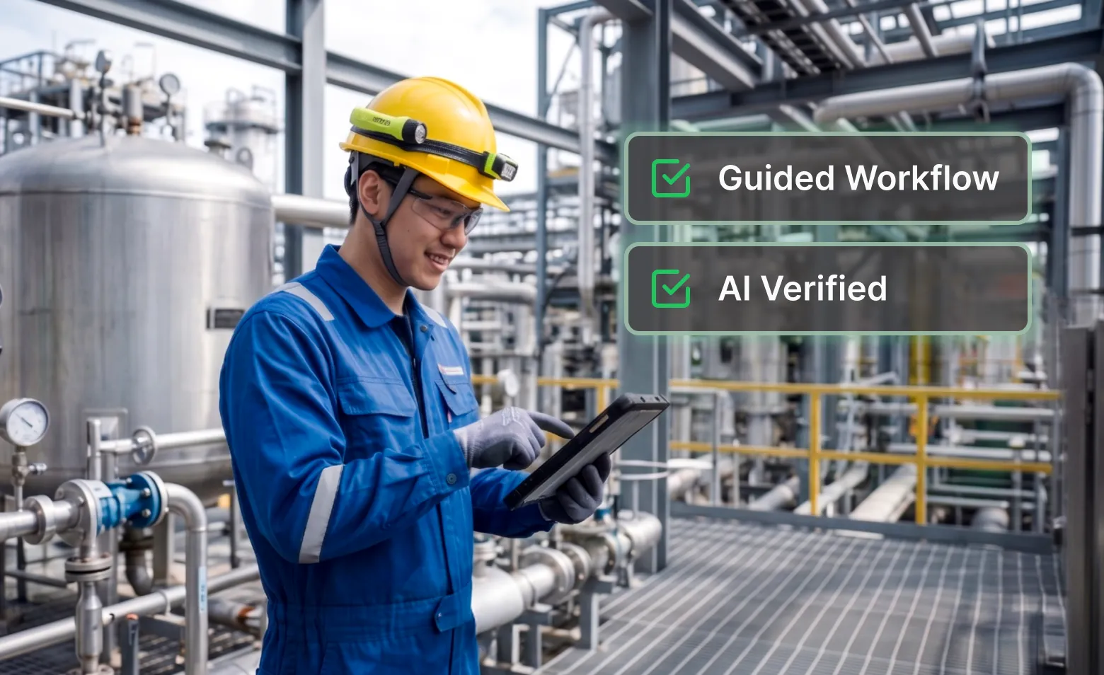 An inspector wearing a yellow hard hat uses a tablet at an industrial facility.